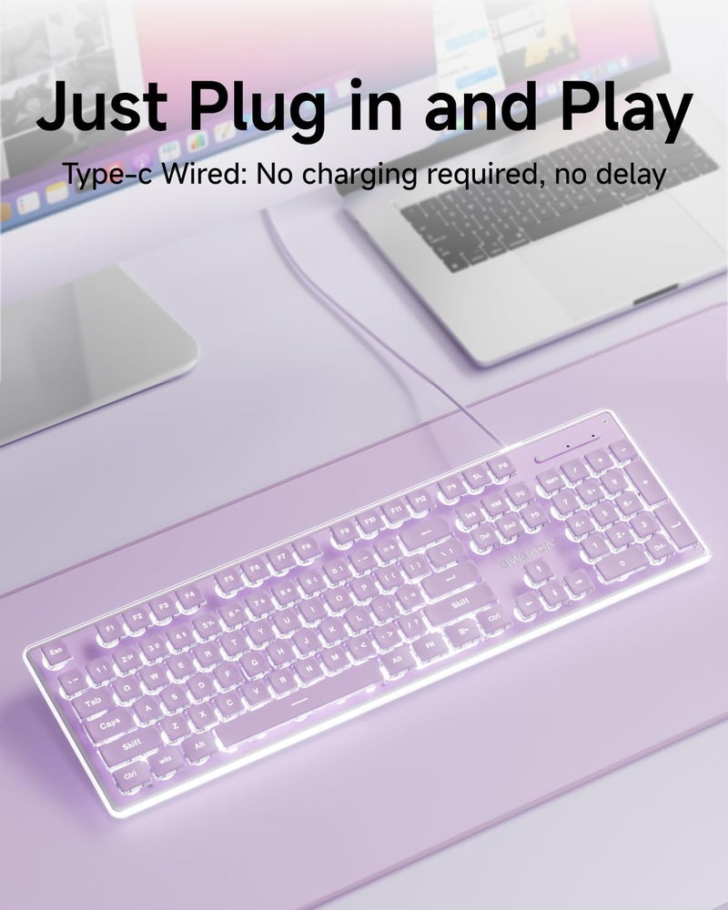 SEUNKWANG EWEADN GX710S Backlit Computer Keyboards, Wired USB Keyboard with White Backlit, Metal Panel, Plug and Play, Pudding Keycaps Full Size Quite Computer Keyboard for Win/PC/Laptop-Purple - Image 3